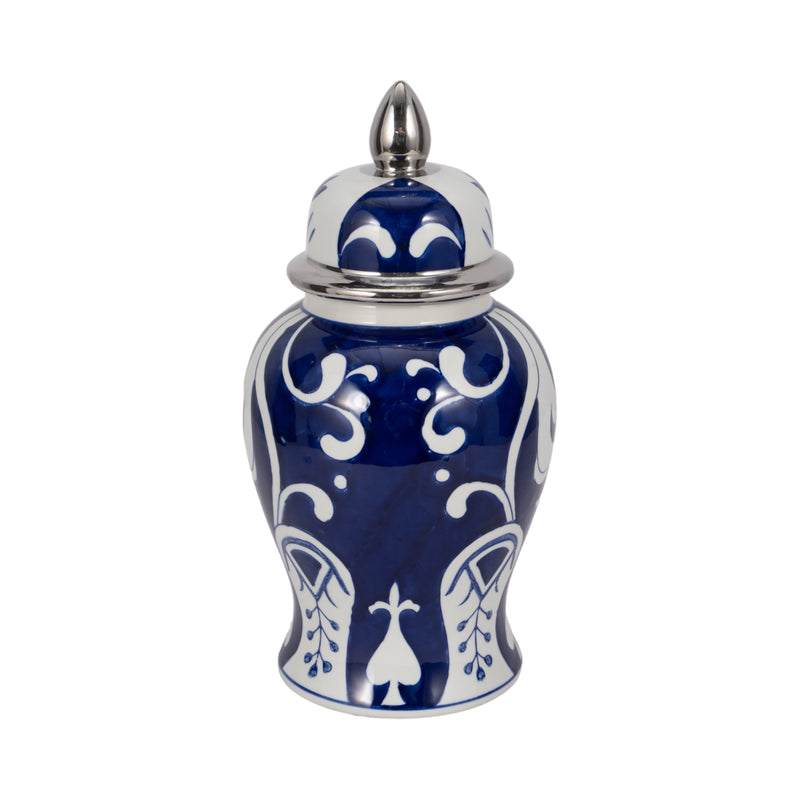 EC CER,14 WHITE/BLUE TEMPLE JAR, SILVER