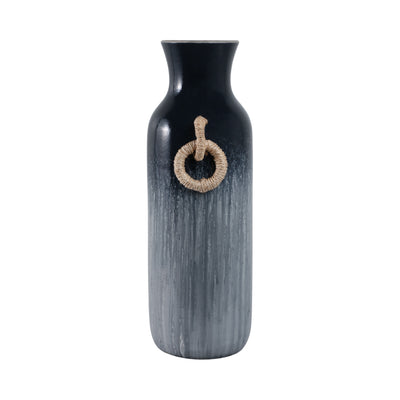 24 Vase With Rattan Handles Reactive Finish, Blue