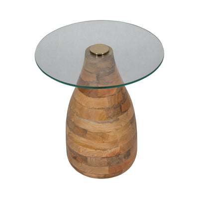 20 Striped Wood Accent Table With Glass Top, Natu