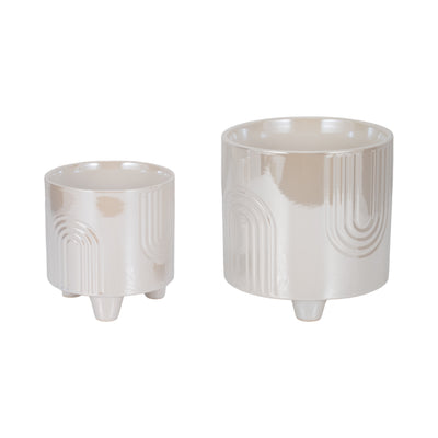 S/2 6/8 Iridescent Bravais Footed Planters, Ivory