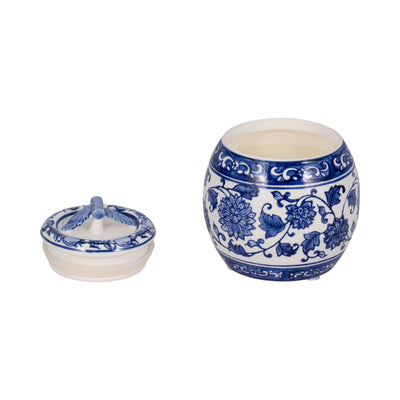 5 8.5oz Peony Chinoiserie Lidded Candle, Blu/wht