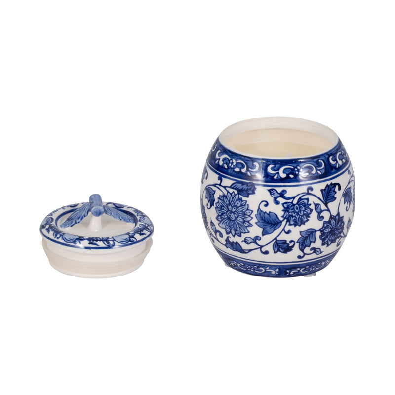 5 8.5oz Peony Chinoiserie Lidded Candle, Blu/wht