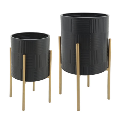 S/2 PLANTER W/ LINES ON METAL STAND, BLACK/GOLD