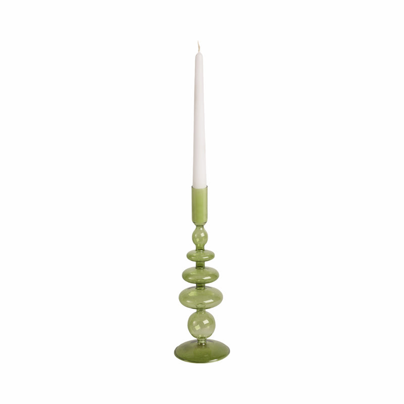 11 Vintage Glass Taper Candle Holder, Olive