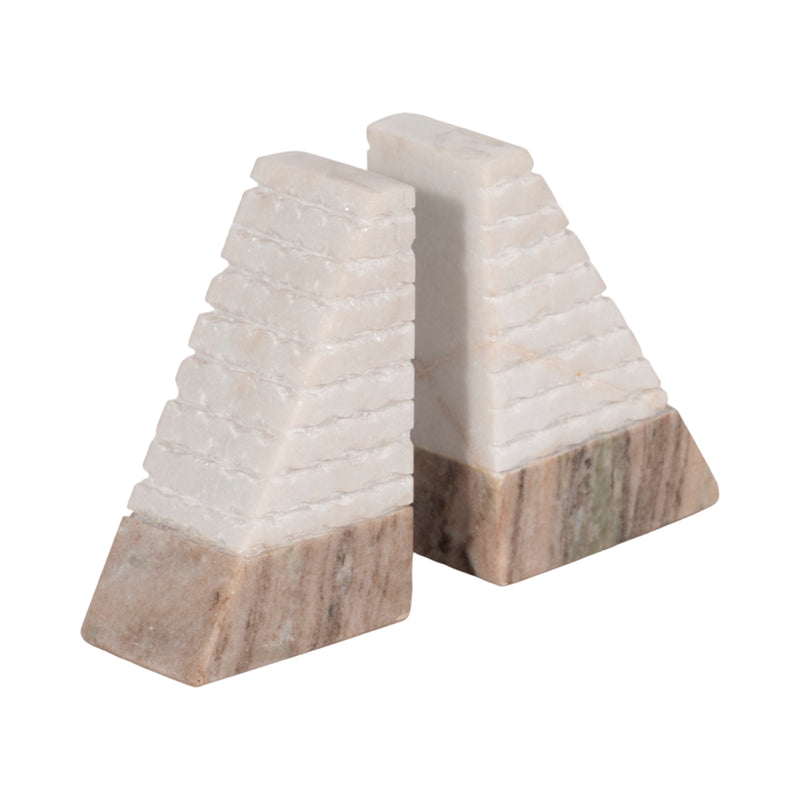 S/2 Marble 6h Pyramid Bookends, White/onyx