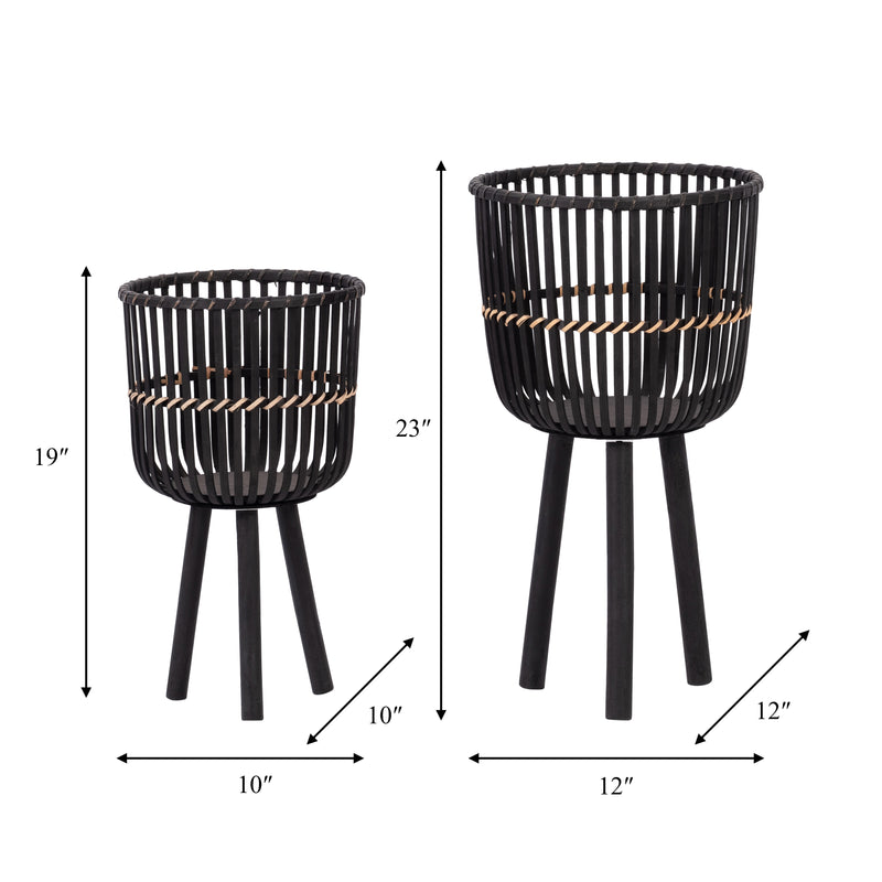 S/2 BAMBOO FOOTED PLANTERS 10/12, BLACK