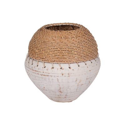 CLAY, 9 VASE WITH WOVEN TOP, WHITE/NATURAL