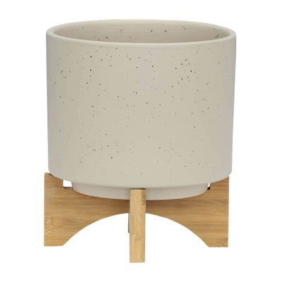 S/2 5/8 PLANTER W/ WOOD STAND, MATTE BEIGE