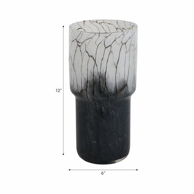 12x6 Abstract Glass Vase With Veining, White/blac