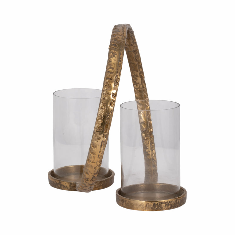 METAL, 14 DOUBLE HURRICANE HOLDER, ANTIQUE BRASS