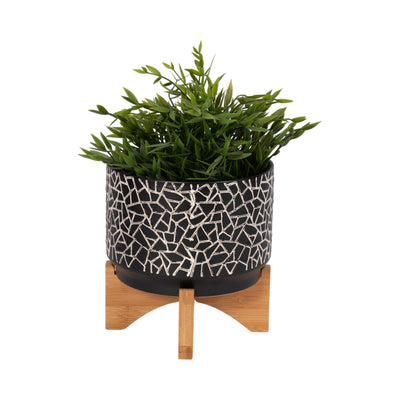 7 CRACKLED PLANTER W/ WOOD STAND, BLACK