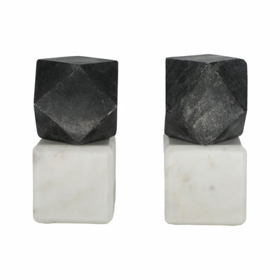 S/2 6 Marble Bookends W/ Black Hex Orb, Black/whi