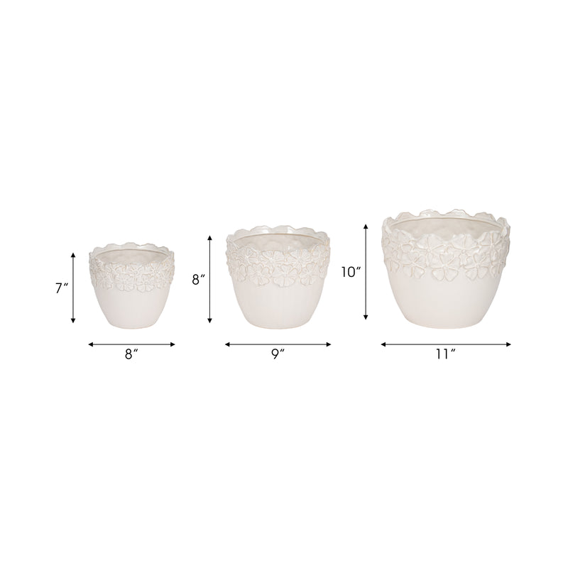 S/3 8/9/11 Floral Crown Planter, Ivory