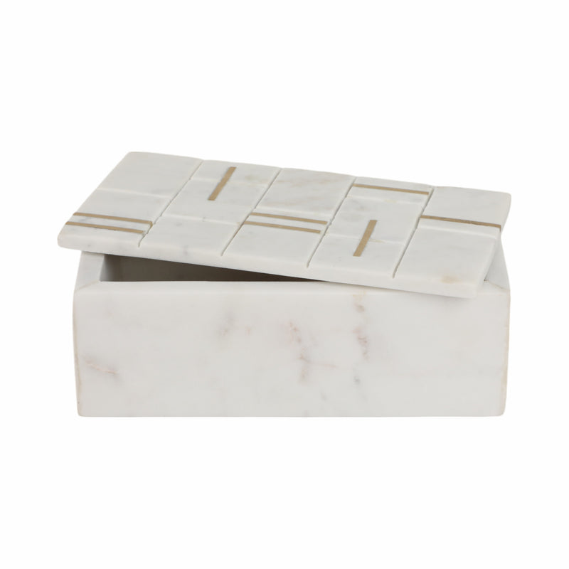 8 White Marble Box With Brass Inlay, White/gold