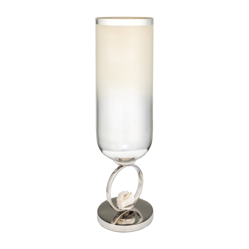 GLASS, 21 VASE W/ METAL BASE STONE ACCENT, PEARL