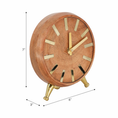 WOOD 6'' GOLD TABLE CLOCK, BROWN