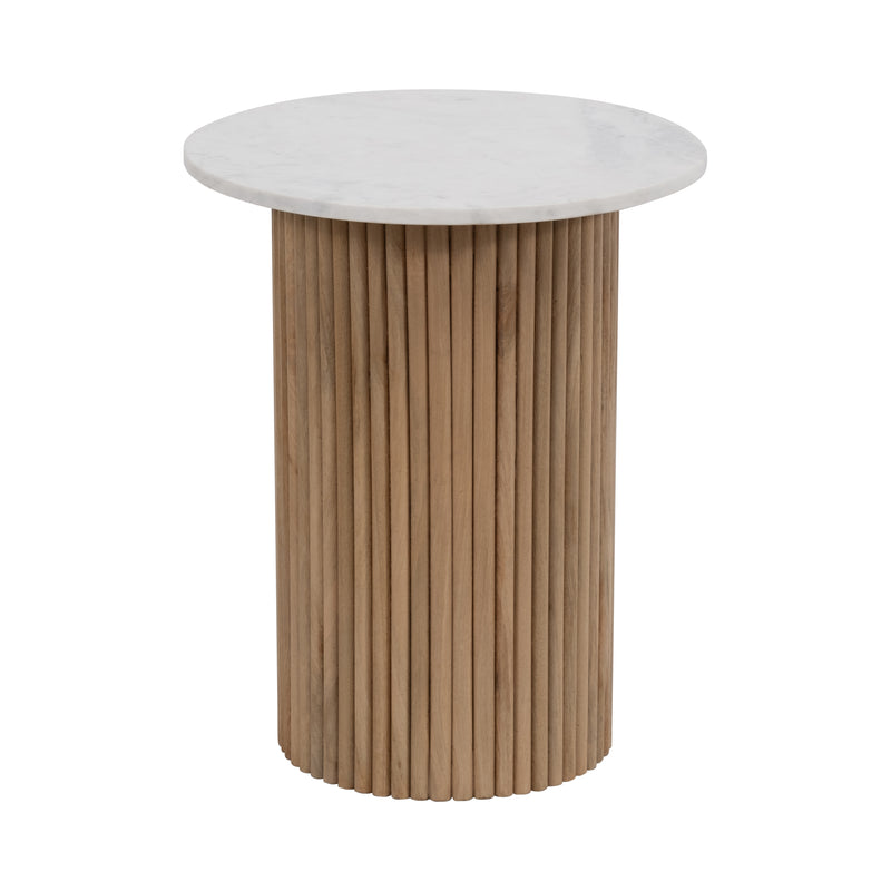 Wood/Marble, 22H Reeded, Side Table, Natural/Whit