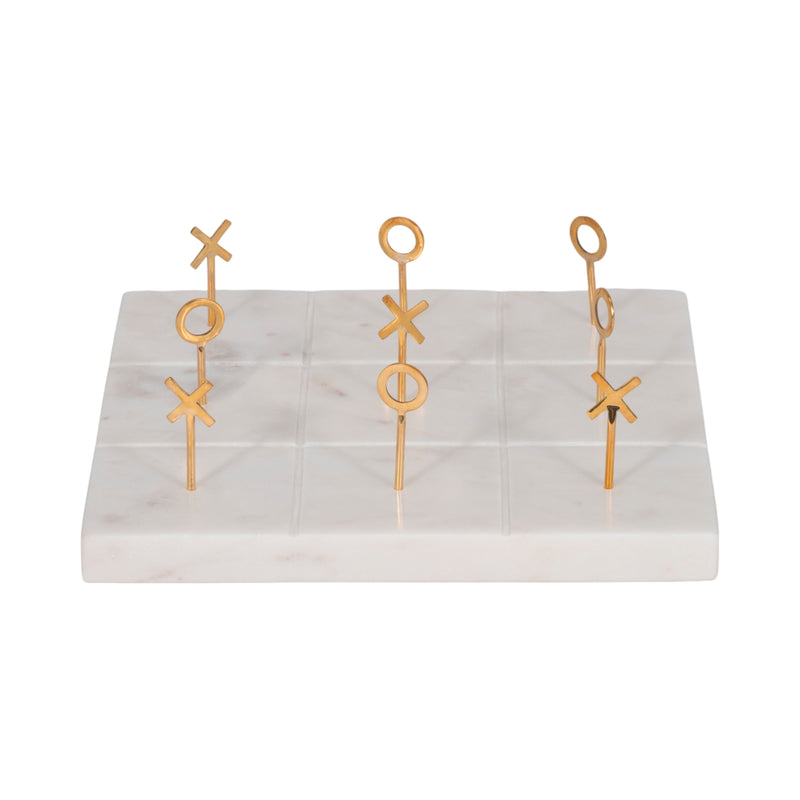 9 Marble Tic-tac-toe With Gold X & O, White/gold