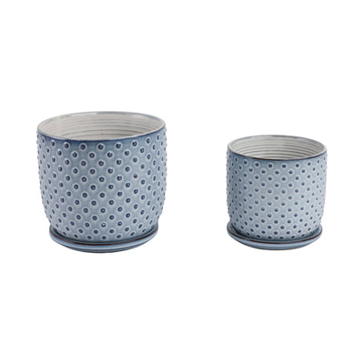 Cer, S/2 6/8 Dotted Planter W/ Saucer,  Blue