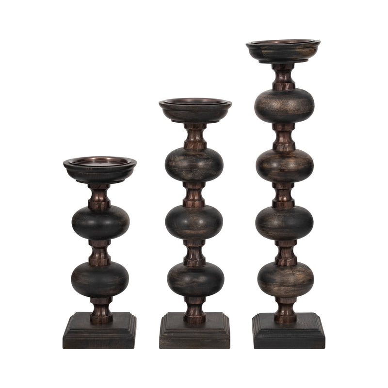 S/3 14/19/23 Sumpter Black Wood Candle Sticks