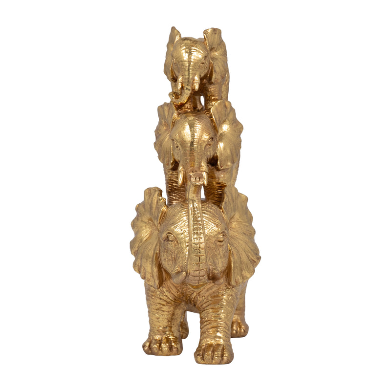 RESIN, 10 STACKED RAISED TRUNK ELEPHANTS, GOLD