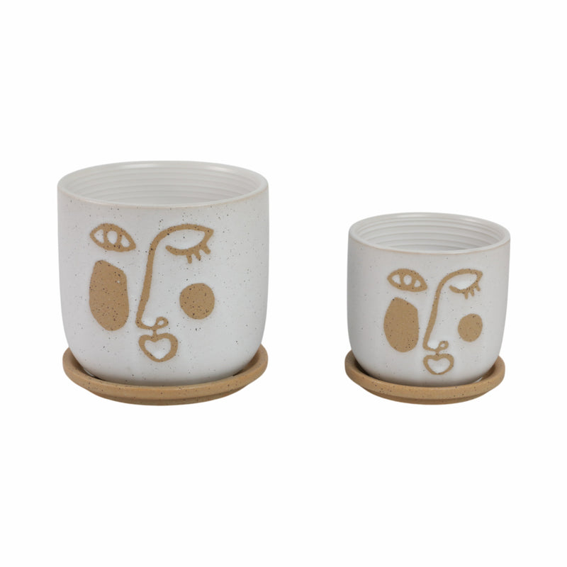 S/2 5/6 FUNKY FACE PLANTER W/ SAUCER, BEIGE