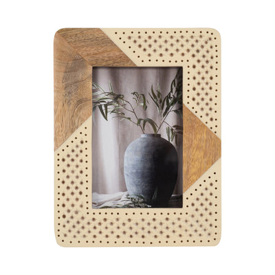 RESIN, 4X6 WOOD & WOVEN PHOTO FRAME, IVORY/NATURAL