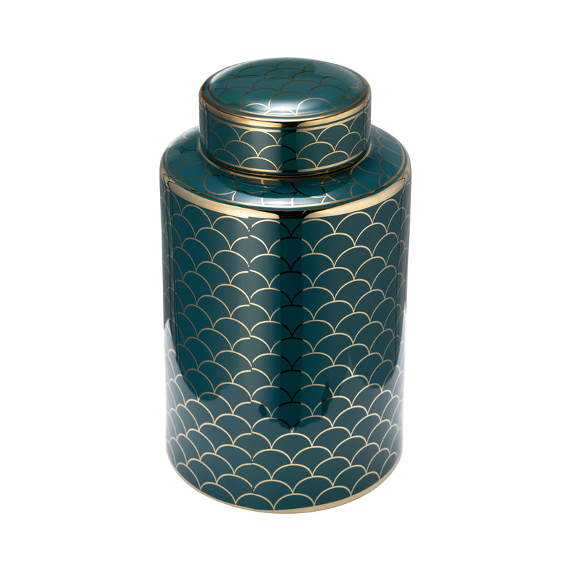 CER, 12 CRACKLE JAR W/ LID, GOLD