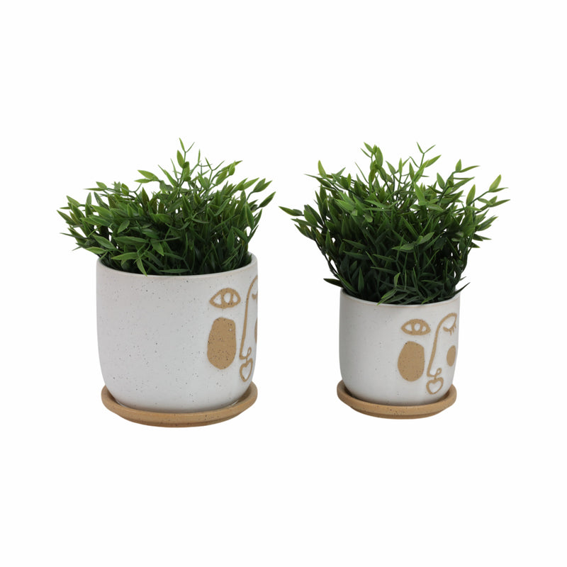 S/2 5/6 FUNKY FACE PLANTER W/ SAUCER, BEIGE