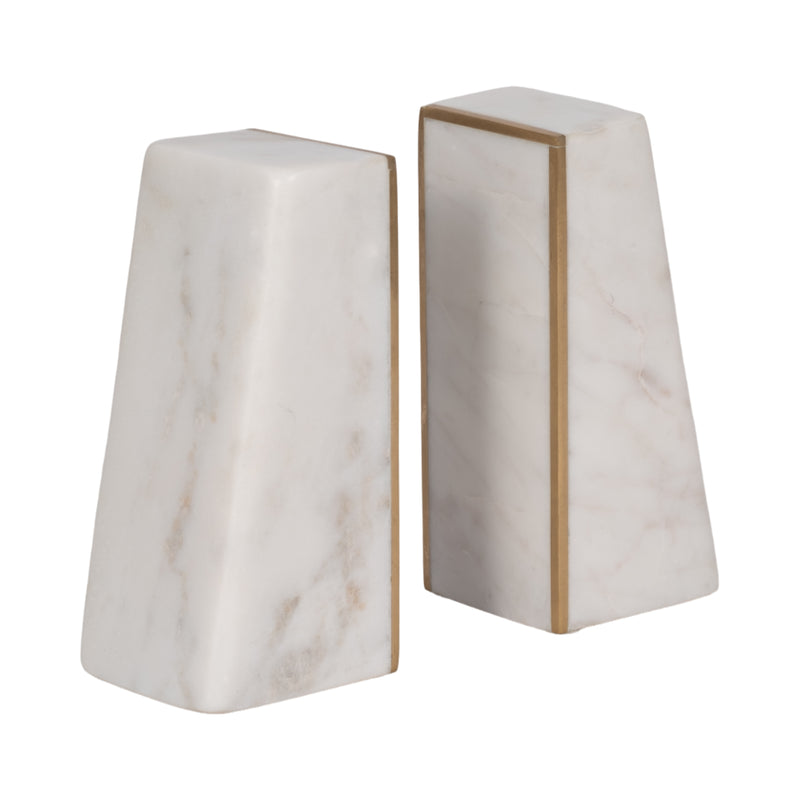 S/2 Marble 6h Slanted Bookends W/gold Trim,white