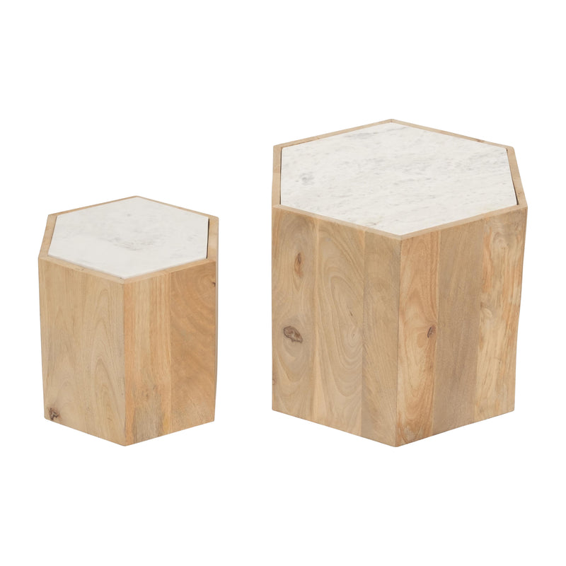 WOOD/MARBLE, S/2 14/20 HEXAGONLA SIDE TABLES, NAT