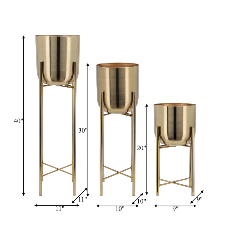 S/3 METAL PLANTERS ON STAND 40/30/20H, GOLD