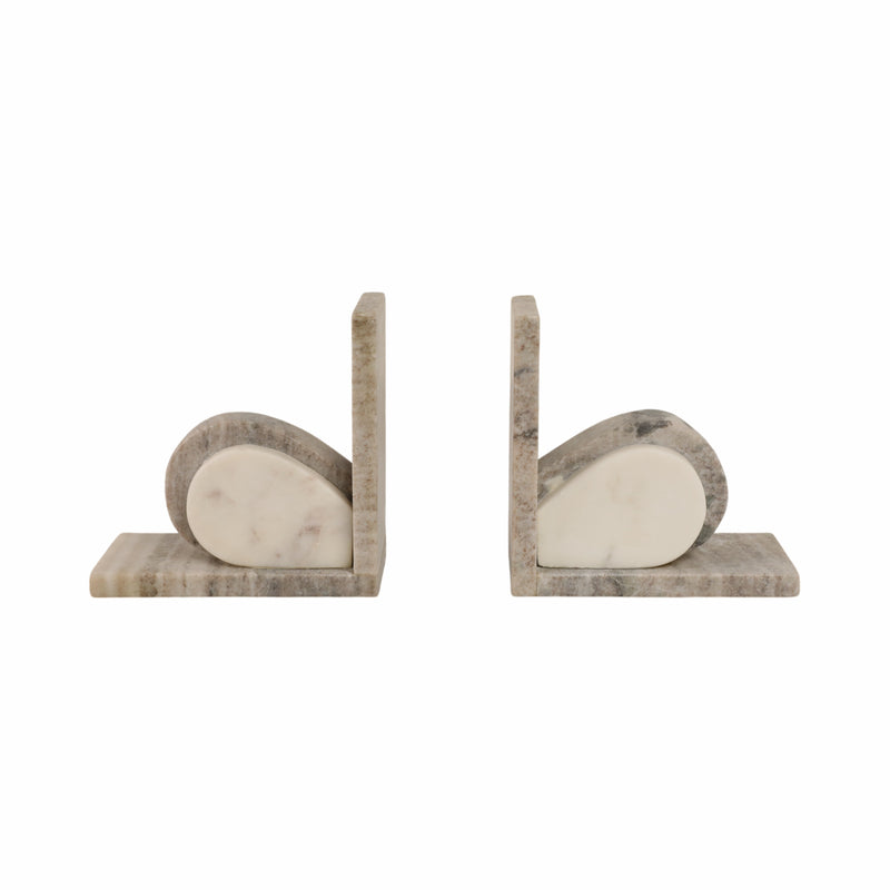 S/2 6 Eared Onyx & White Marble Bookends, Beige