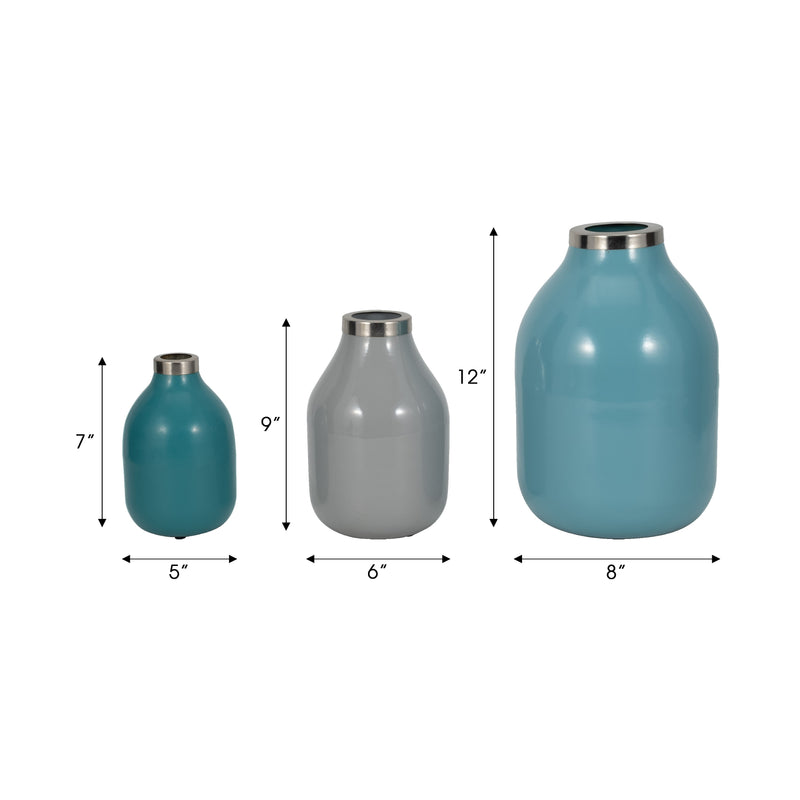 S/3 7/9/12 Jefford Metal Bottle Vases, Blue