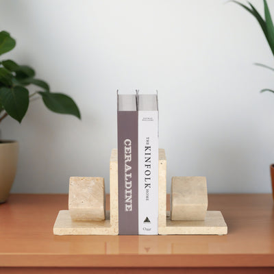 S/2 6 Travertine Cube On Base Bookends, Tan