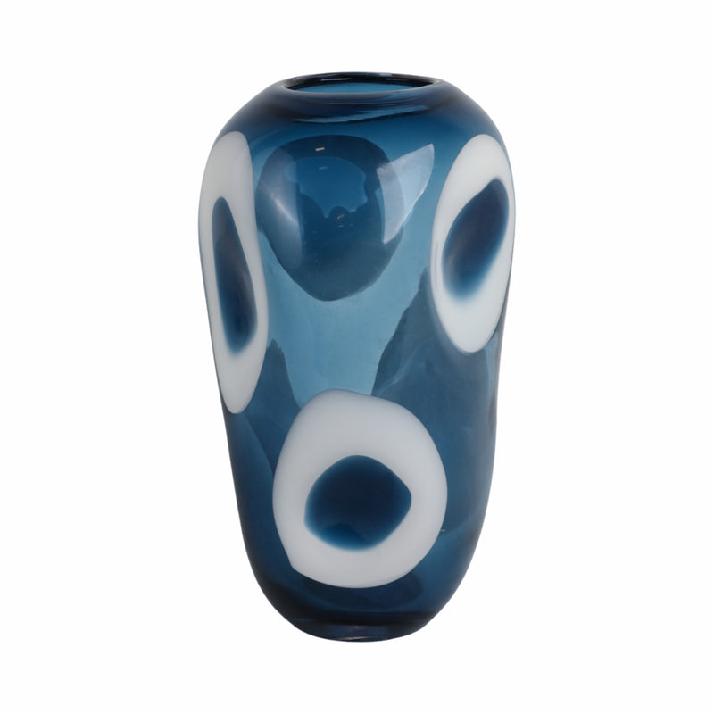 14x8 Curvy Polka Dot Glass Vase, Blue/white