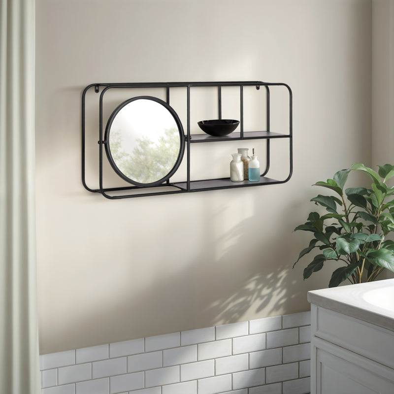 METAL. 29L WALL SHELF W/ MIRROR, BLACK