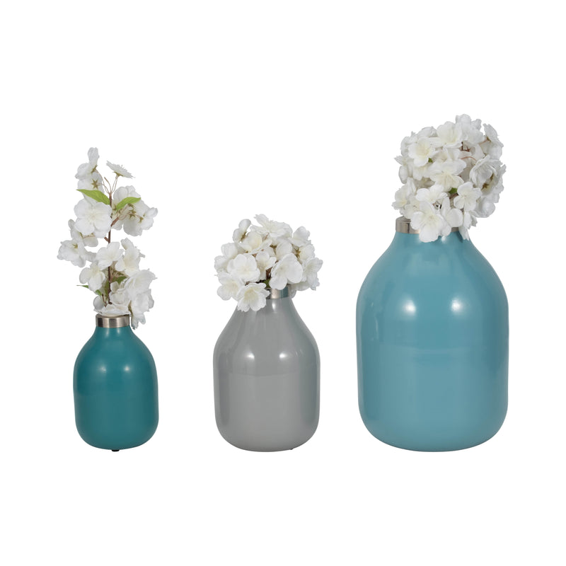 S/3 7/9/12 Jefford Metal Bottle Vases, Blue