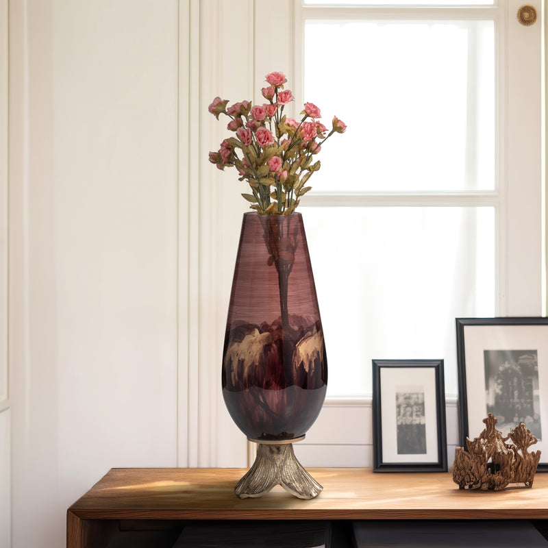 GLASS, 15 VASE W/ LEAF BASE, BRONZE