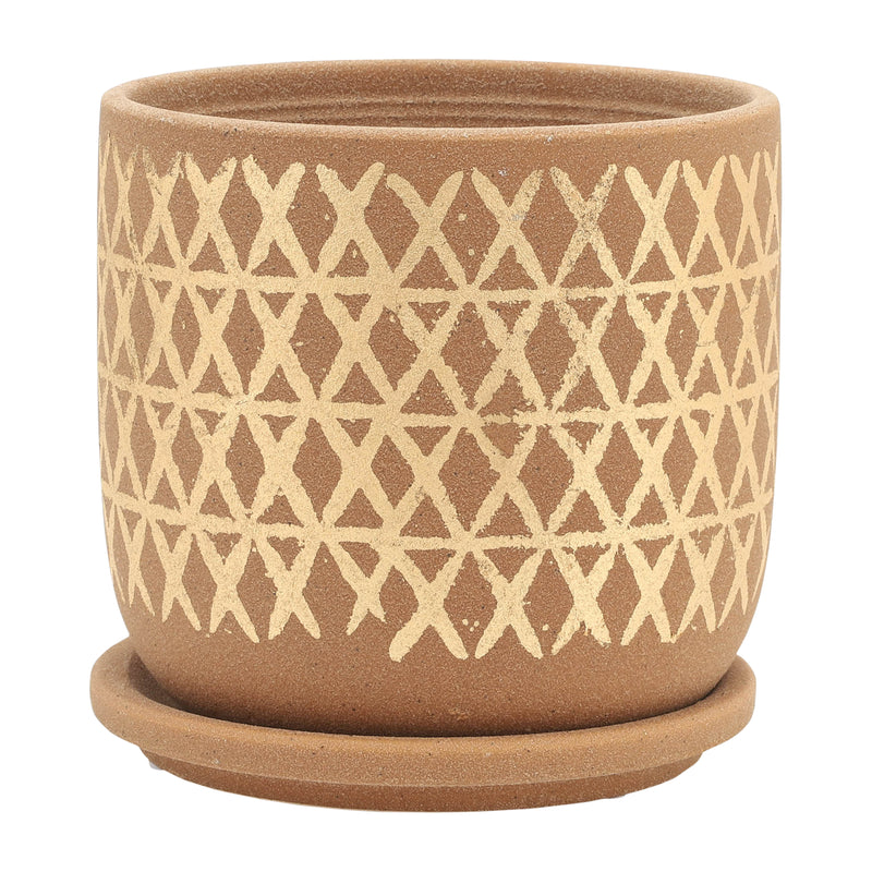 S/2 5/6 CROSS PLANTER W/ SAUCER, TAN