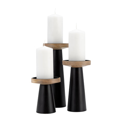 Wood, 12 Flat Candle Holder Stand, Black/Natural