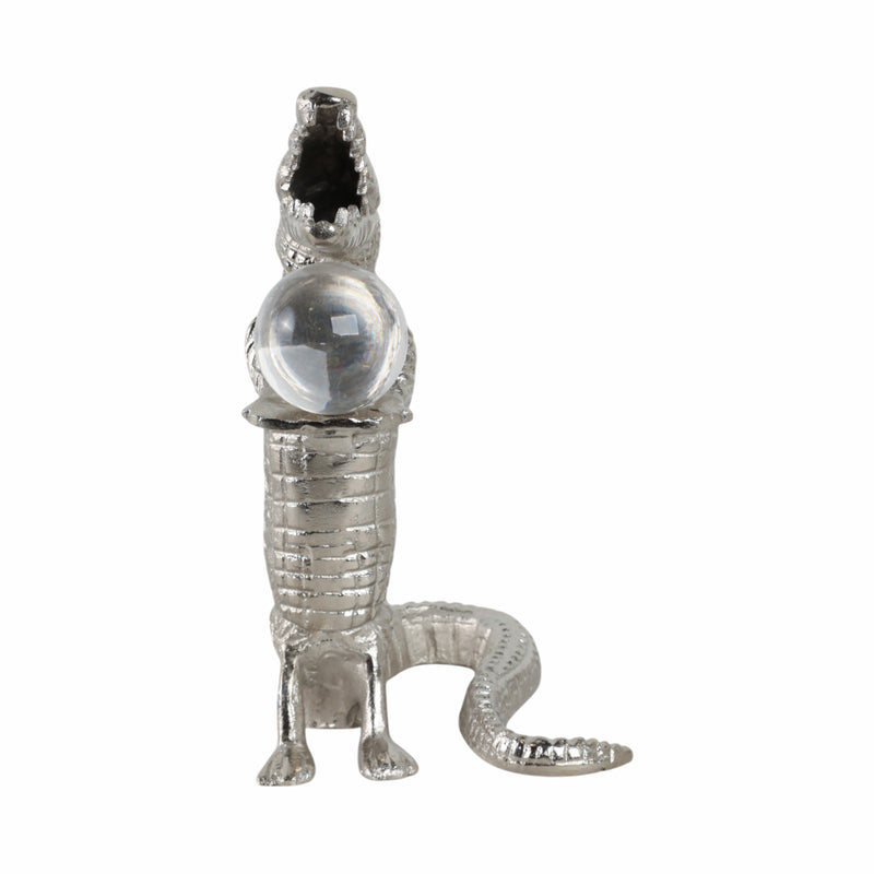 10x7 Crocodile Holding Acrylic Ball, Silver