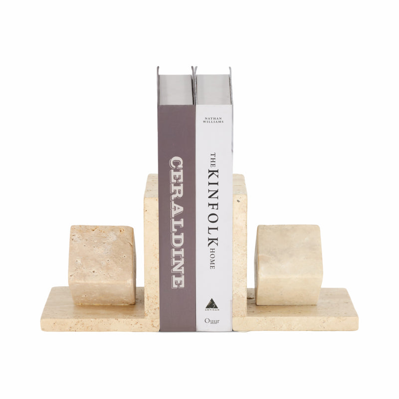 S/2 6 Travertine Cube On Base Bookends, Tan