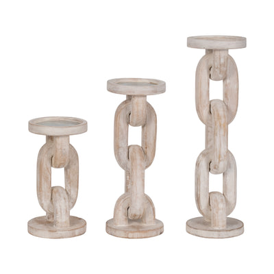 Wood, 11 Chain Pillar Candle Holder, White