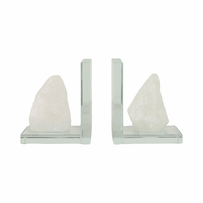 GLASS, S/2 5H BOOKENDS WITH WHITE STONE, CLEAR