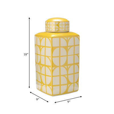 CER, 18H SQUARE JAR W/ LID, YELLOW/COTTON