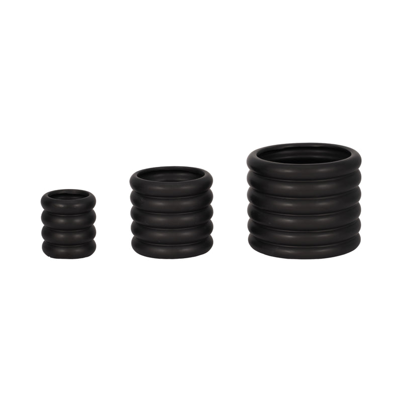 S/3 4/6/7 Stacked Rings Planters, Black