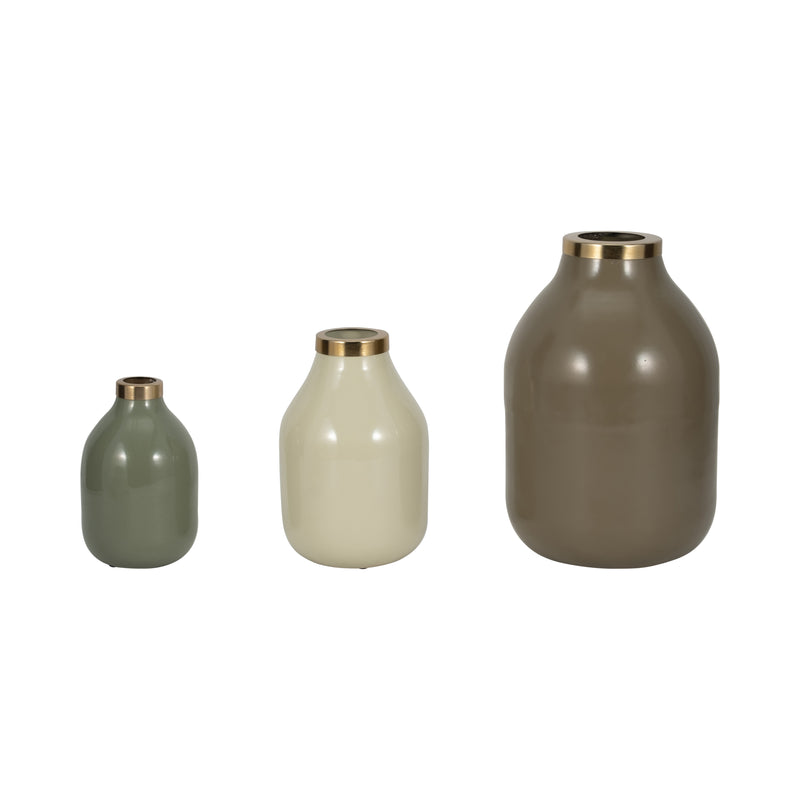 S/3 7/9/12 Jefford Metal Bottle Vases, Green