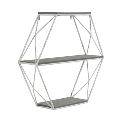 Metal/wood 3 Tier Hexagon Wall Shelf, Gray/white