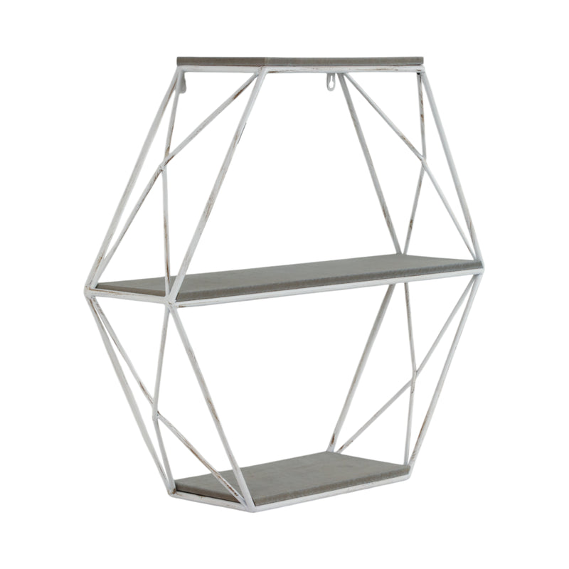 Metal/wood 3 Tier Hexagon Wall Shelf, Gray/white